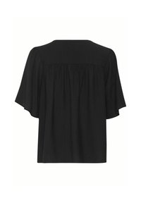 Top nero a maniche corte in tessuto morbido e strutturato, con una linea dritta e un discreto design plissettato sul retro.