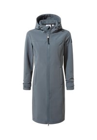 Gray long coat made of softshell material, featuring a hood, full front zipper, two side pockets, and adjustable cuffs.