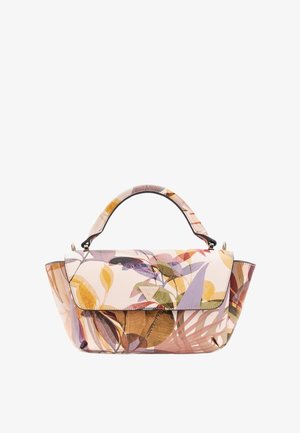 Petit sac à main avec poignée supérieure, présentant un motif floral et feuillage multicolore dans des tons violet, jaune et marron.