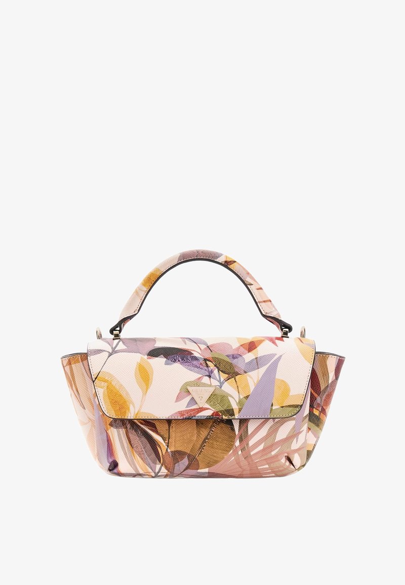 Petit sac à main avec poignée supérieure, présentant un motif floral et feuillage multicolore dans des tons violet, jaune et marron.
