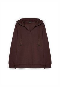 Felpa marrone con cappuccio, scollatura a V, cordini decorativi e polsini a costine. Tessuto morbido, design casual, senza motivi prominenti.