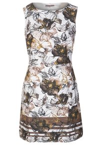 Vestido floral con escote redondo, diseño sin mangas, que presenta una tela blanca con patrones florales en marrón y negro, y acentos de rayas horizontales.