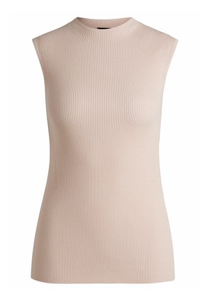 Vaaleanpunainen hihaton toppi, joka on valmistettu ribbikankaasta, jossa on korkea kaula-aukko ja tiukka muoto ilman näkyviä saumoja.