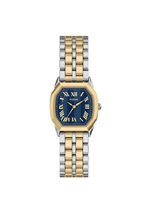 Zweifarbige Gold- und Silberuhr mit blauem achteckigem Zifferblatt, römischen Zahlen und goldenen Stunden-, Minuten- und Sekundenzeigern.
