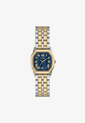 Two-tone gold and silver metal watch with a blue octagonal face, Roman numeral markers, and gold hour, minute, and second hands.