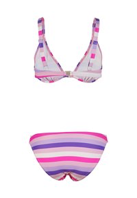 Ensemble de bikini à rayures comprenant un haut triangulaire et un bas en rose, violet et blanc. Le matériau est lisse, avec des bretelles ajustables et des bandes élastiques douces.