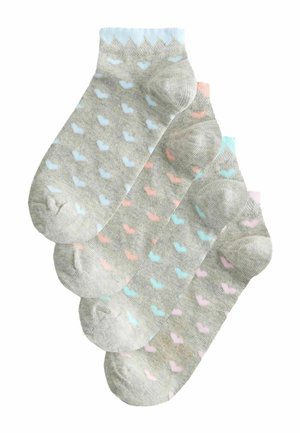 Vier Paare graue Knöchelsocken mit kleinen Herzmustern in Pastellblau, Rosa und Mint, übereinandergestapelt.
