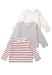 Drei Langarmhemden: eines in reinem Weiß, eines in reinem Grau und eines mit rosa Streifen. Aus weichem Baumwollmaterial mit runden Halsauschnitten und Druckknöpfen an den Schultern.