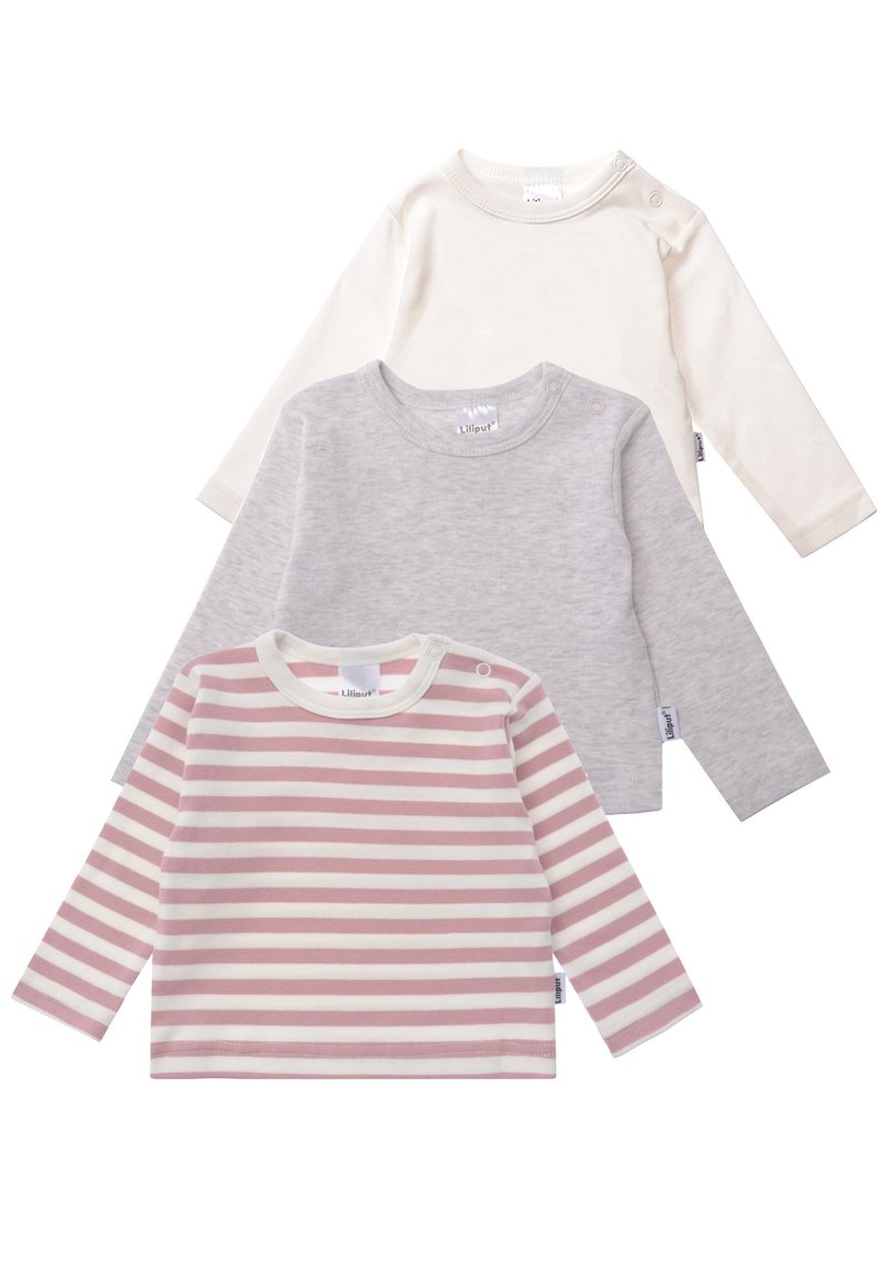 Drei Langarmhemden: eines in reinem Weiß, eines in reinem Grau und eines mit rosa Streifen. Aus weichem Baumwollmaterial mit runden Halsauschnitten und Druckknöpfen an den Schultern.