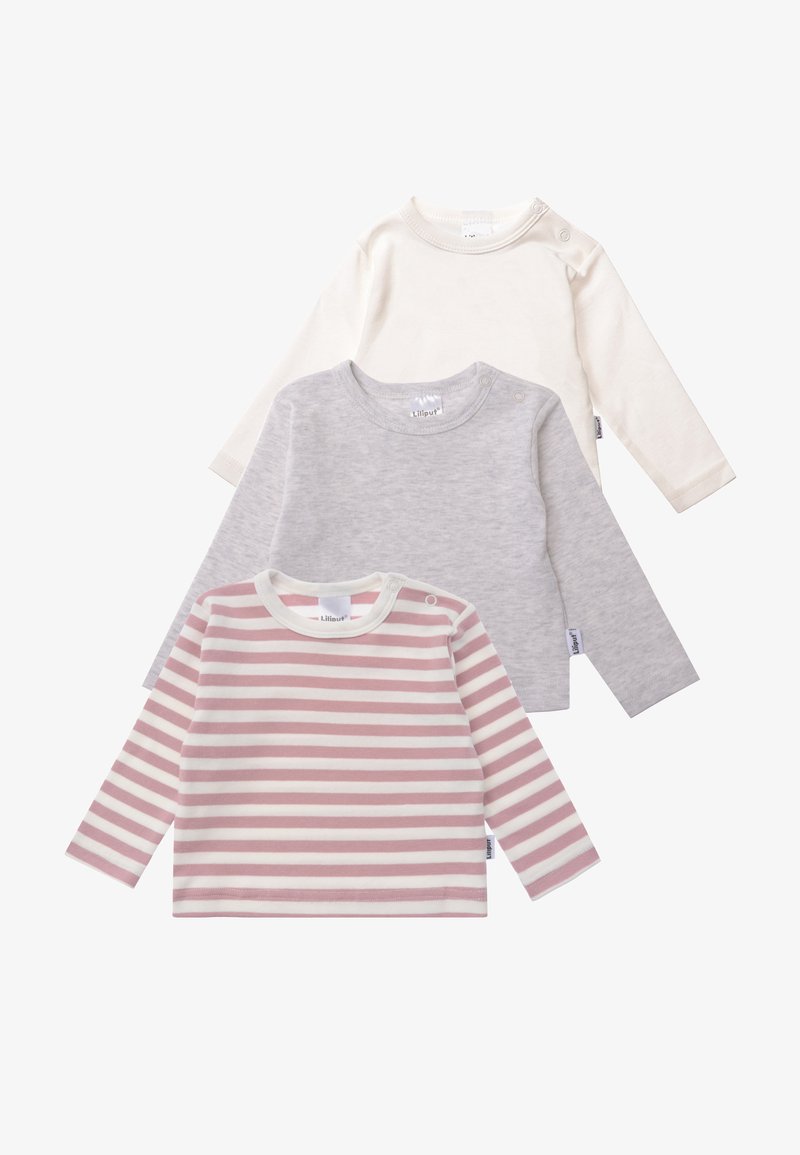 Drei Langarmhemden: eines in reinem Weiß, eines in reinem Grau und eines mit rosa Streifen. Aus weichem Baumwollmaterial mit runden Halsauschnitten und Druckknöpfen an den Schultern.