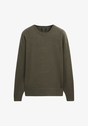 Olijfgroene crew neck trui met lange mouwen en ribgebreide manchetten en zoom, gemaakt van zachte gebreide stof.