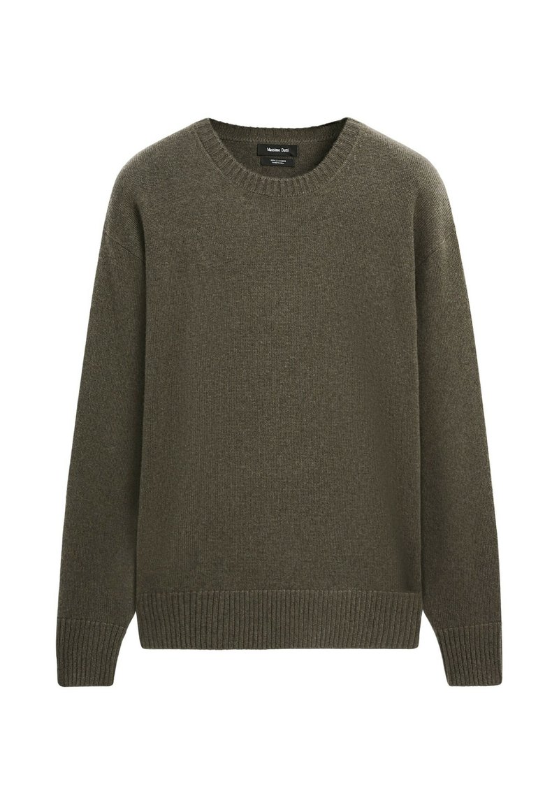 Olivgrüner Pullover mit Rundhalsausschnitt, langen Ärmeln sowie gerippten Bündchen und Saum, aus weichem Strickstoff gefertigt.