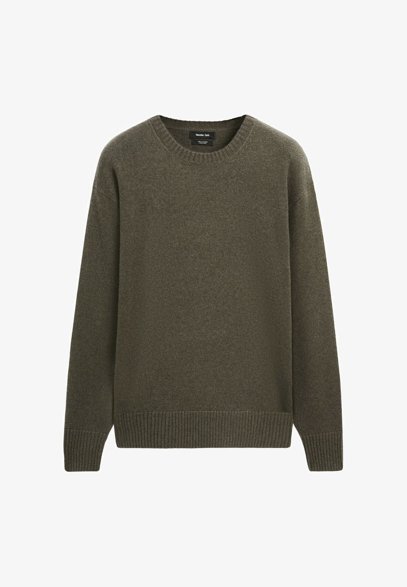 Maglione verde oliva a girocollo con maniche lunghe e polsini e orlo a coste, realizzato in morbido tessuto lavorato a maglia.