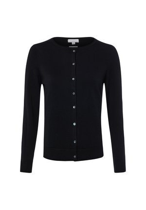 Cardigan noir à manches longues avec boutons, encolure ronde et poignets et bas côtelés.