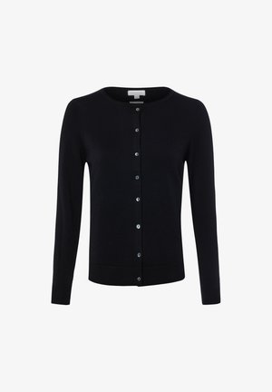 Schwarzer langärmliger, geknöpfter Cardigan mit rundem Ausschnitt und gerippten Bündchen und Saum.