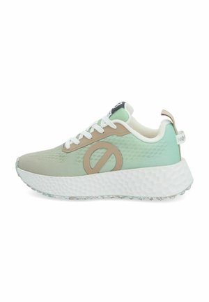 Light green and beige athletic shoe with a textured upper, reinforced toe, white laces, and a thick, cushioned sole with a pattern.