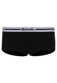 Čierne boxerky s elastickým pásom s názvom značky "Bench." zobrazeným v tučnom čiernom písme na bielom pozadí. Hladký bavlnený materiál.