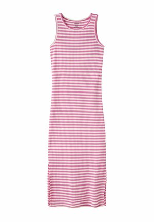 Vestido sin mangas, de longitud hasta la rodilla, con rayas horizontales en rosa y blanco y escote redondo, hecho de tela acanalada.