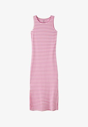 Ærmeløs, knælængde kjole med horisontale lyserøde og hvide striber og rund halsudskæring, lavet af ribstrikket stof.