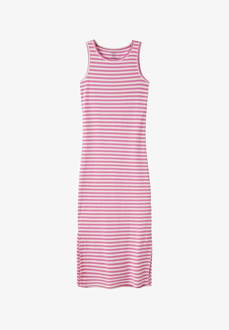 Robe sans manches, longueur genou, avec des rayures horizontales rose et blanc et un col rond, fabriquée en tissu côtelé.