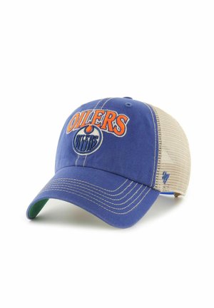 Blau-beige Baseballkappe aus Mesh mit "OILERS" und Team-Logo in Orange und Blau auf dem Vorderteil gestickt.