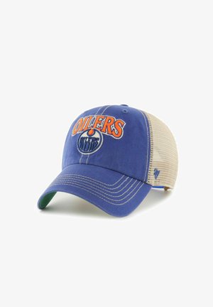 Blau-beige Baseballkappe aus Mesh mit "OILERS" und Team-Logo in Orange und Blau auf dem Vorderteil gestickt.