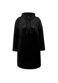 Schwarzes Velours-Hoodie-Kleid mit einer Kängurutasche, großer Kapuze und dekorativen Sternelementen. Es hat eine weiche Textur und einen lockeren Schnitt.