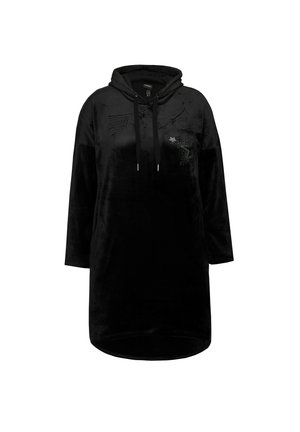 Sort velour hoodie kjole med en kængurulomme, stor hætte og dekorative stjerneaccentuer med en blød tekstur og afslappet pasform.