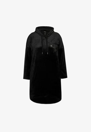 Musta veluurista huppari mekko, jossa on kengurupuska, suuri huppu ja koristeelliset tähti yksityiskohdat, pehmeä rakenne ja rento istuvuus.