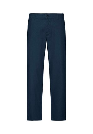 Tengerészkék egyenes szárú nadrágok övhurkokkal, elől gombos és cipzáras záródással, fehér háttér előtt bemutatva.