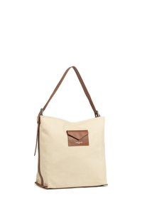 Beige canvas totebag met een bruin leren accent en een verstelbare schouderband. Voorzien van een voorvak met een klep en logo-detail.