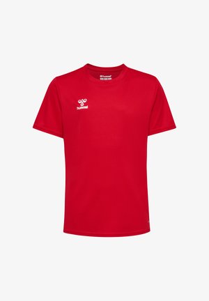 Rød sportst-shirt med korte ærmer og rund halsudskæring samt hvid hummel-logo på øverste venstre bryst.