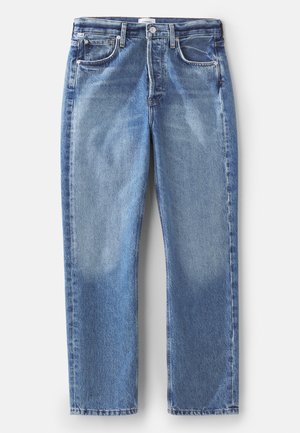 Straight-leg blue denim jeans with a faded wash, five-pocket design, and front button closure. Features subtle whiskering and stitching details.