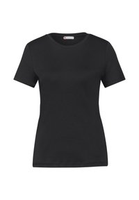 Sort kortærmet T-shirt med rund halsudskæring, lavet af blødt bomuldsstof. Glat tekstur, simpelt design, ingen synlige mønstre eller detaljer.