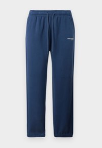 Granatowe dresy z elastycznym pasem, sznurkiem, kieszeniami bocznymi oraz małym logo Abercrombie & Fitch na lewym udzie.