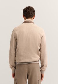 Beige Strickpullover mit strukturierter Oberfläche, einem braunen Kragen und gerippten Saum und Bündchen. Leicht taillierter Schnitt, von hinten gezeigt.