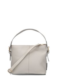 Lichtgrijze leren tas met een gestructureerde textuur, voorzien van een vlakke vorm, verstelbare schouderriem en accenten in goudkleur.