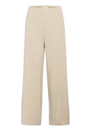 Light beige wide-leg trousers made of soft, stretchy fabric. Features a high waistband and a simple, unembellished design.