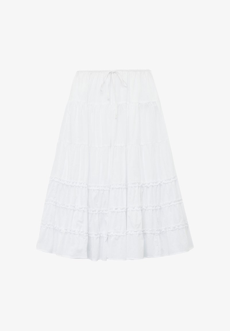 Jupe midi blanche à volants en tiers avec une taille élastique et un cordon de serrage, présentant des détails de volants horizontaux sur chaque tier.