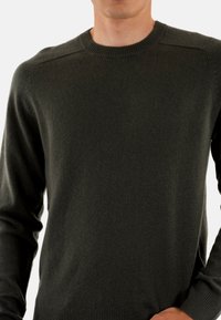 Maglione girocollo verde scuro realizzato in un tessuto morbido, con polsini e orlo a coste, e un design senza cuciture sulle spalle.