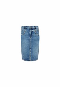 Falda de denim con un diseño ajustado, lavado azul, de longitud media, con bolsillos frontales y cierre de cremallera. Presenta detalles de costura.