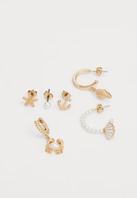 Set of six gold-toned earrings, featuring starfish, anchor, and crab designs, accented with pearls and shell motifs in various shapes.
