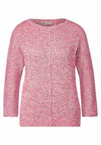 Rosa stickad tröja med rund halsringning, långärmade ärmar och ett texturerat mönster. Materialet verkar mjukt och något grovt.