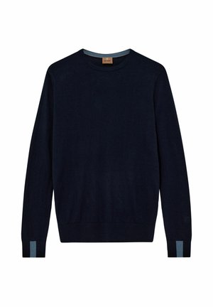 Marineblauer Rundhalspullover aus weichem Material; mit langen Ärmeln und hellblauen Akzenten an den Bündchen. Einfaches, gerades Design.