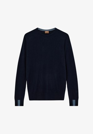 Navy blue crewneck sweater made of soft material; features long sleeves and light blue accents at the cuffs. Simple, straight design.