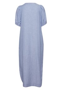 Světle modré lněné šaty s krátkými balónovými rukávy, kulatým výstřihem a volným, splývavým střihem. Mají délku až po kotníky a hladkou texturu.