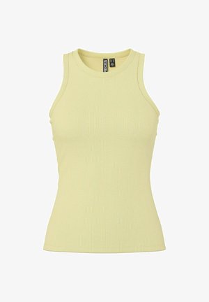 Débardeur côtelé sans manches jaune clair avec encolure ronde et coupe ajustée.