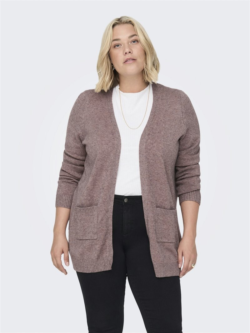 Cardigan laget av myk, teksturert stoff i en dempet mauve-farge, med løs passform, åpen front og to frontlommer.