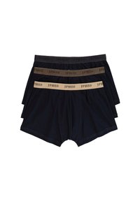 Tres pares de calzoncillos de algodón de color azul oscuro con cintura elástica, que presentan logotipos contrastantes de JP1880 en beige y negro.