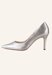Pompa argentata metallizzata con tacco alto, punta affusolata, superficie liscia e sottile tacco a stiletto. Presenta un taglio basso lungo i lati.